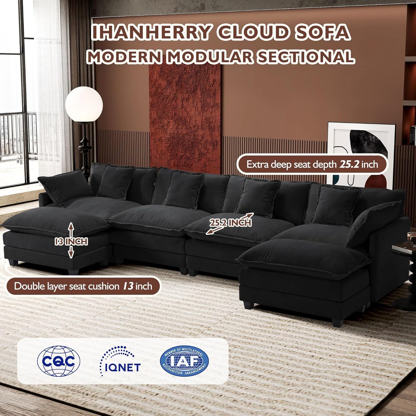 146" U-Shaped Modern Sofa Modular Sectional Cloud Couch