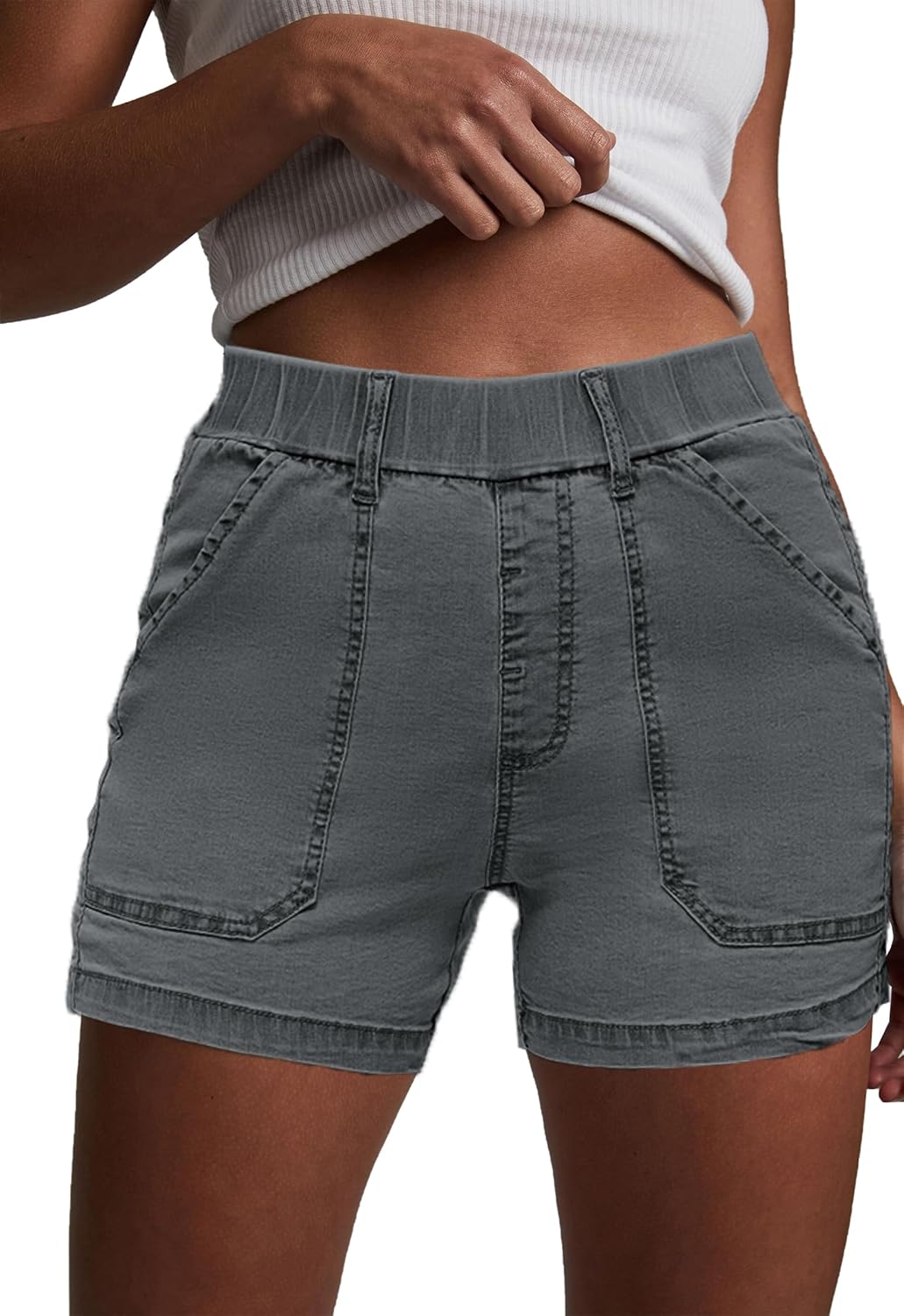 Womens Jean Shorts High Waisted Summer Cotton Elastic Waist Denim Shorts with Pockets