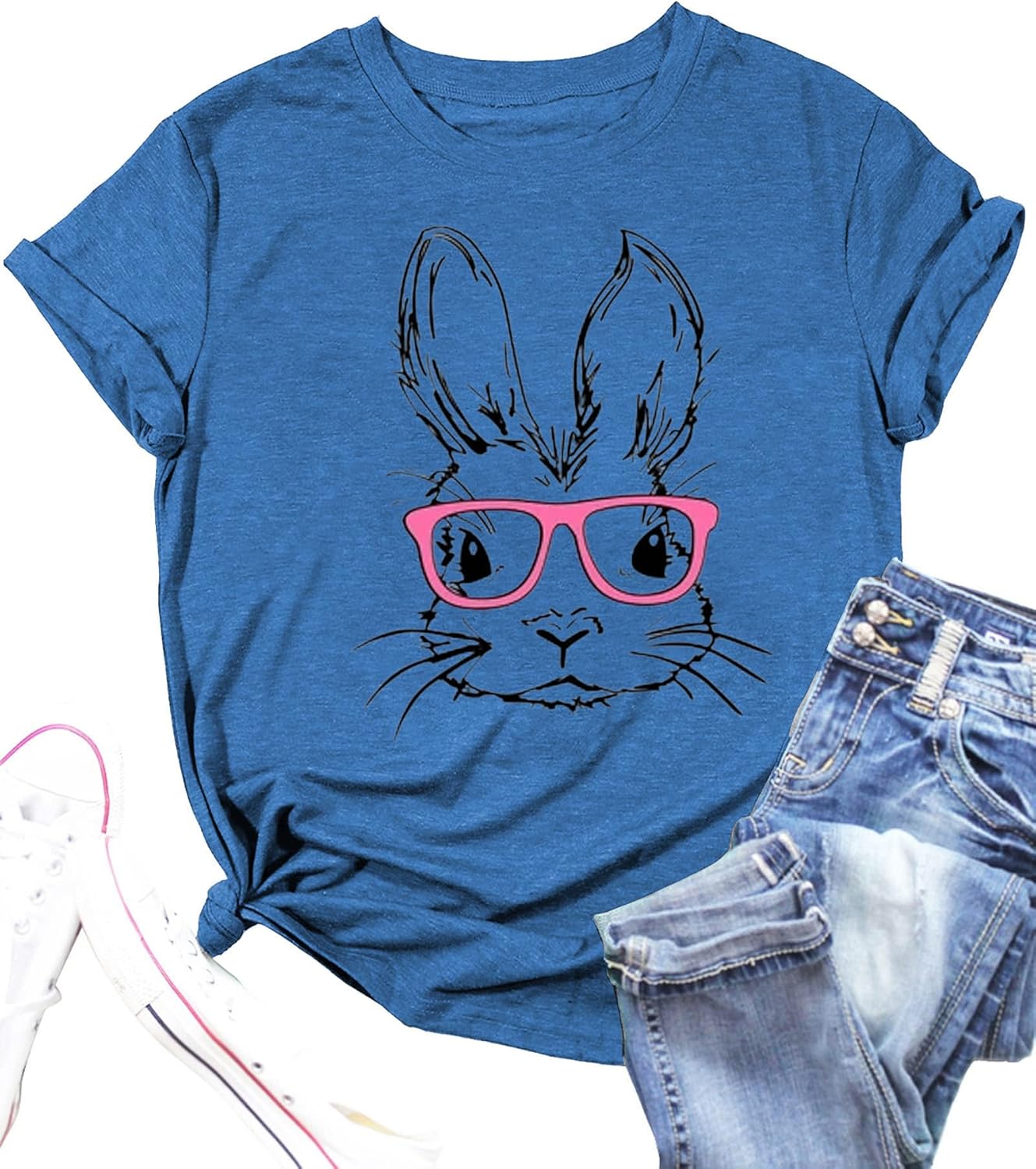 Funny Bunny Print T Shirt for Women Cute Grapic Leopard Shirts Family Blouse Gifts Easter Tops Tee