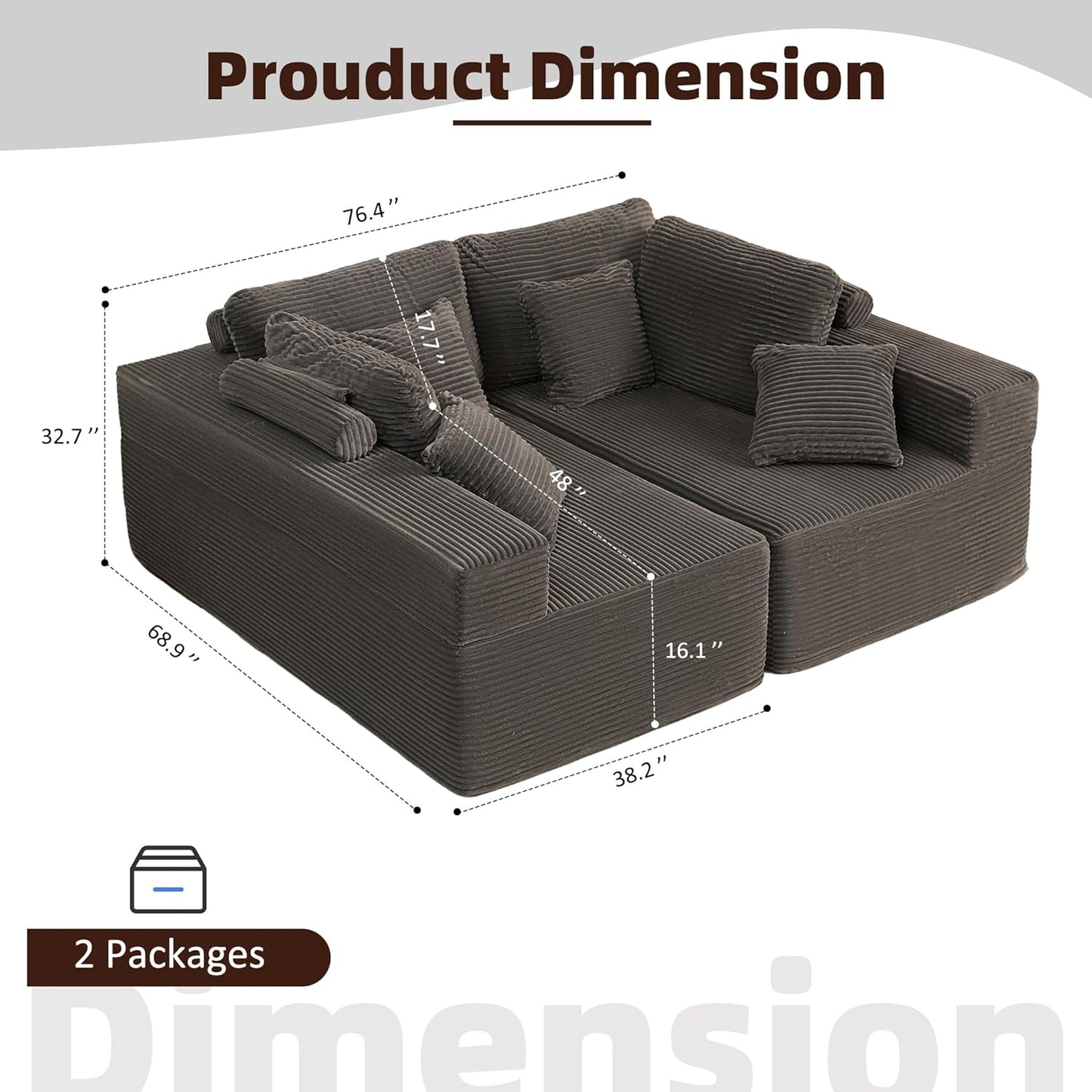 107" Boneless Couch with Deep Seat Cloud Sectional Couch for Living Room