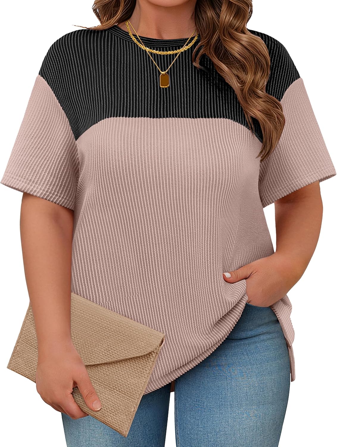 Womens Plus Size Short Sleeve Color Block Pullover Tunic Tops