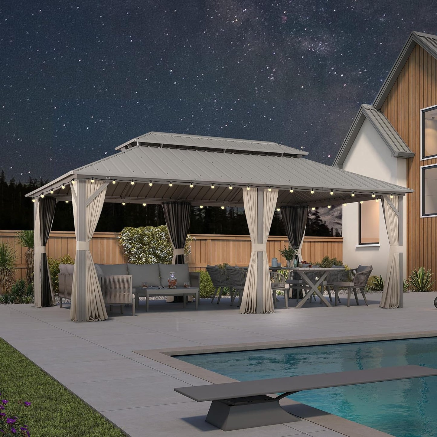 12x20ft Hardtop Gazebo Aluminum Frame Steel Roof Curtains Netting