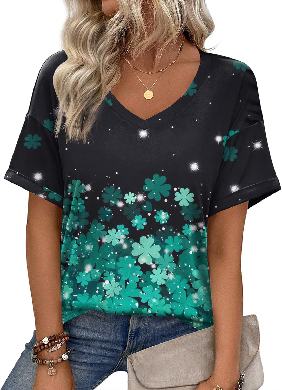 Short Sleeve Casual Shirts Floral Tee Basics V Neck Plain T-shirt