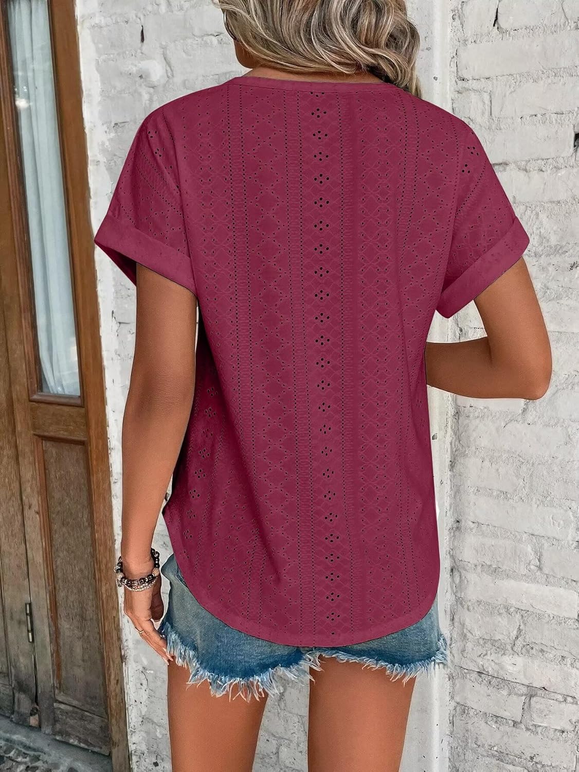 Womens Tops Eyelet Embroidery Summer Spring Curved Hem Short Sleeve Trendy T Shirts