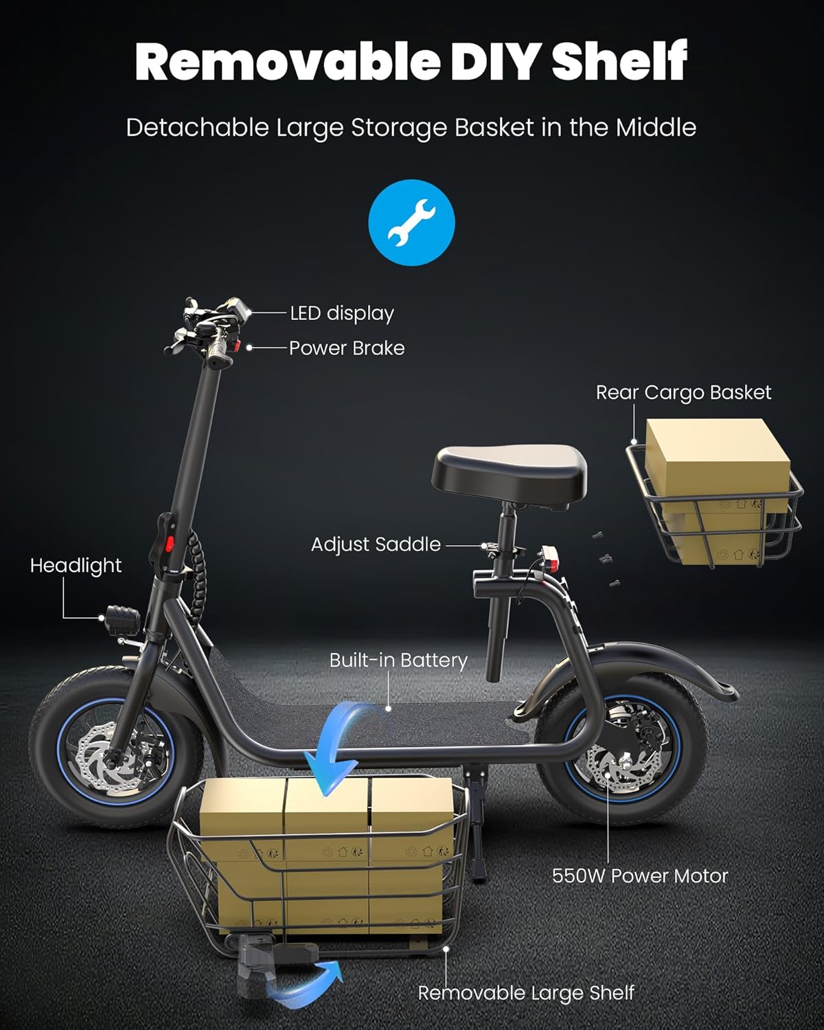 Gyroor Adults Electric Scooter with Large Middle Basket