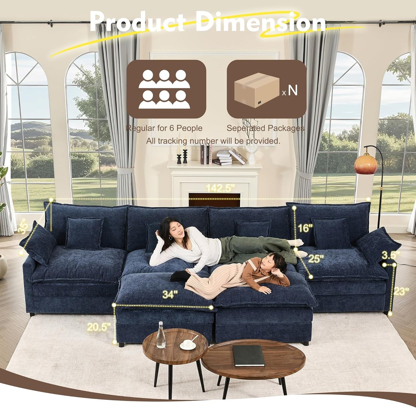 108" U Shaped Couch Modular Sectional Sofa