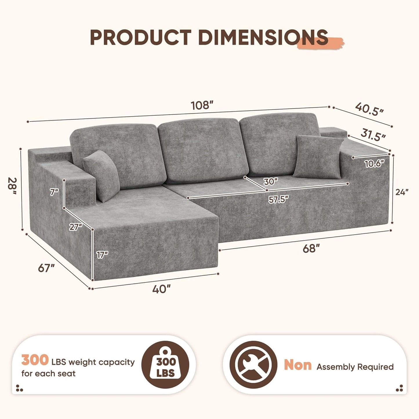 108" Modular Sectional Sofa Boneless Couch with L-Shape Chaise