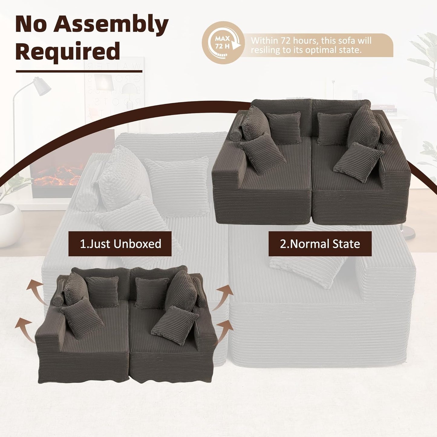 107" Boneless Couch with Deep Seat Cloud Sectional Couch for Living Room