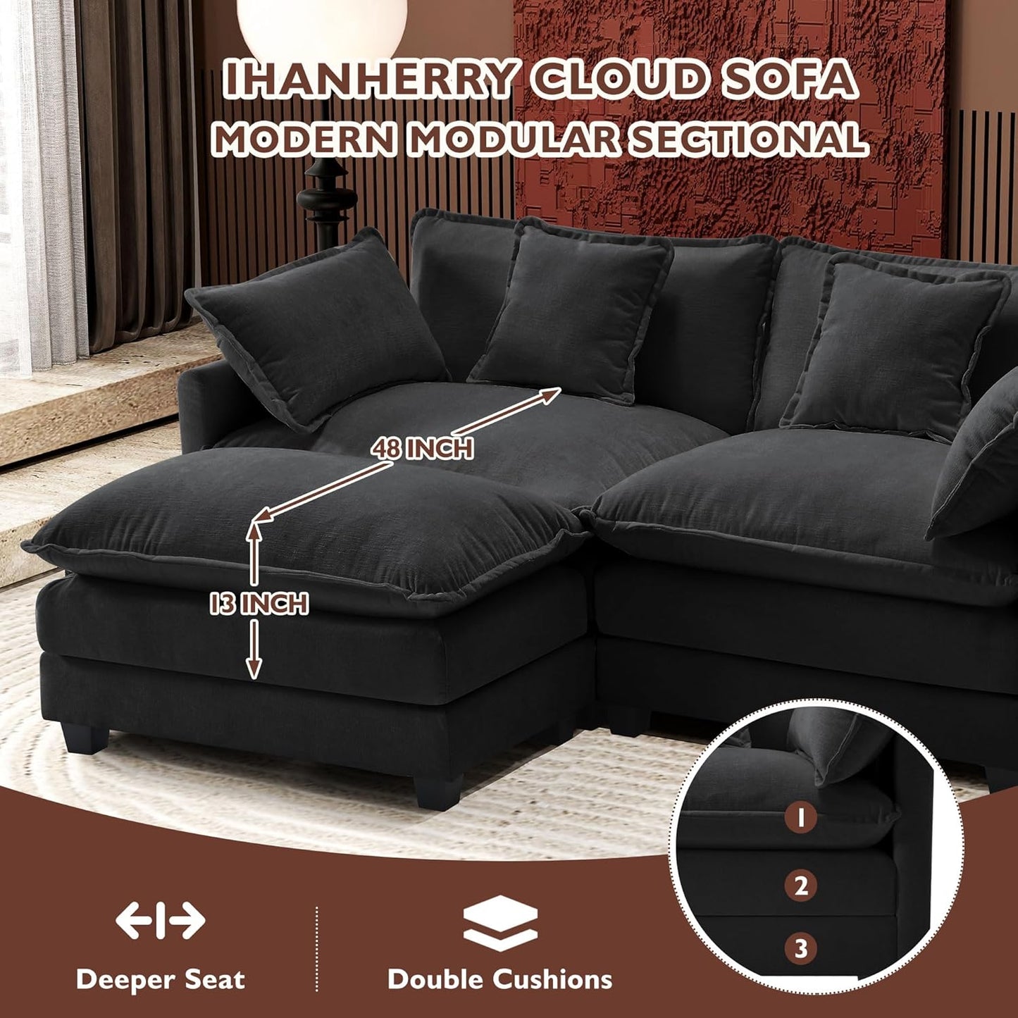 146" U-Shaped Modern Sofa Modular Sectional Cloud Couch