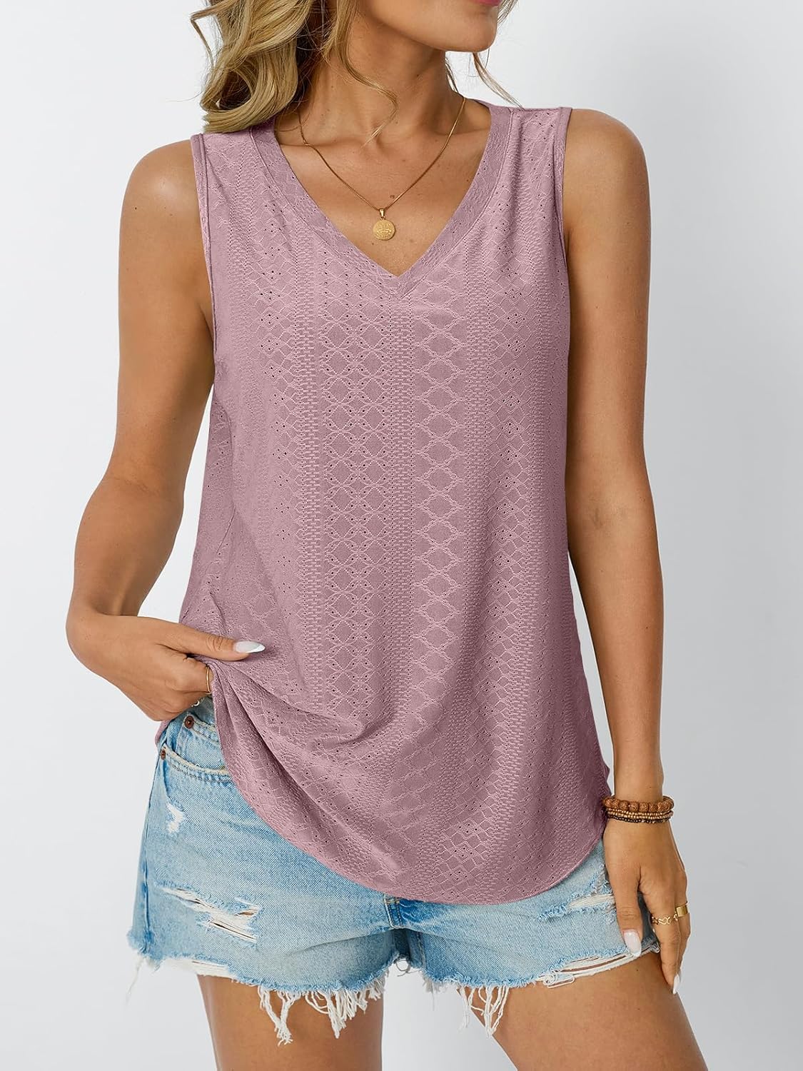 Womens Summer Tank Top Eyelet Embroidery V Neck Sleeveless Loose Fit Casual Shirt