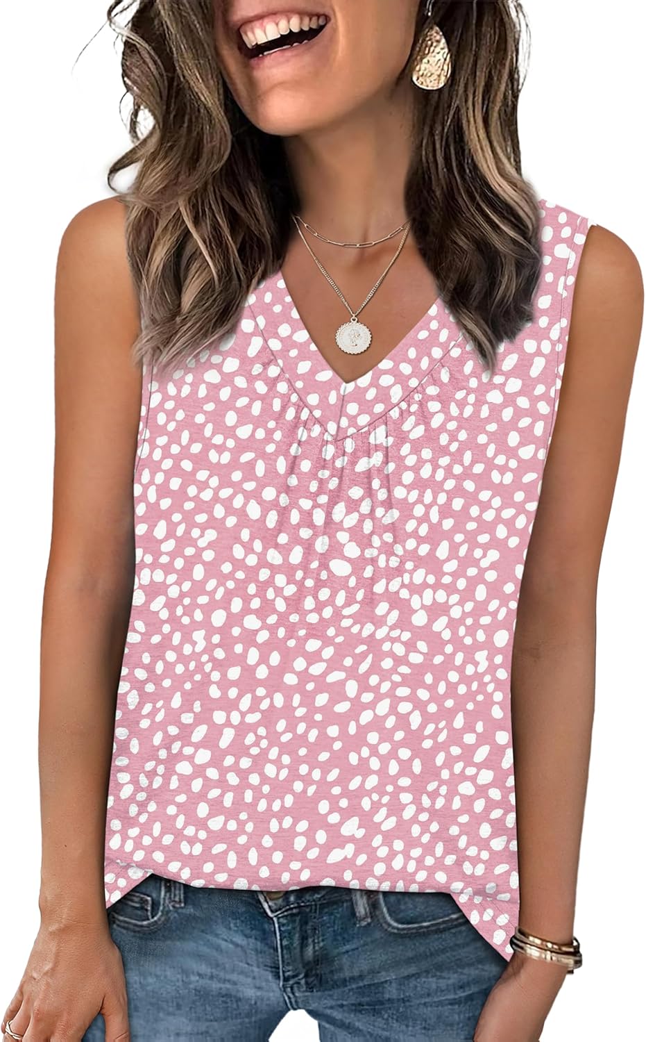 Womens V Neck Tank Top Loose Fit Sleeveless Summer Shirt Ruched Tees and Tanks with Curved Hem
