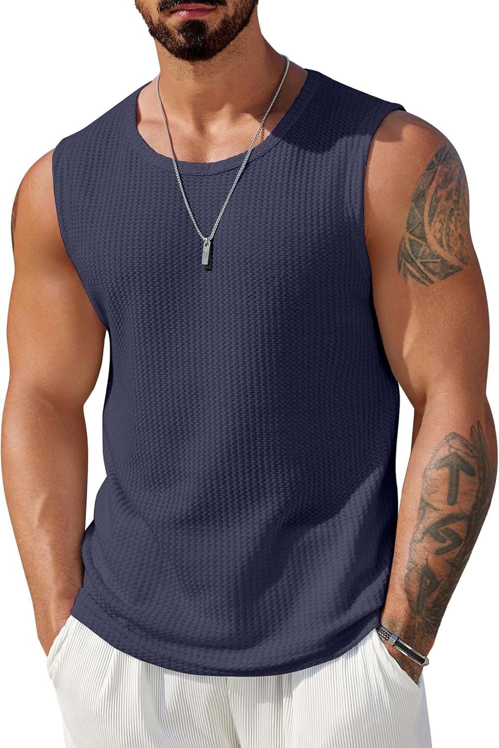 Mens Casual Tank Tops Waffle Knit Sleeveless Shirt Breathable Tank Shirts