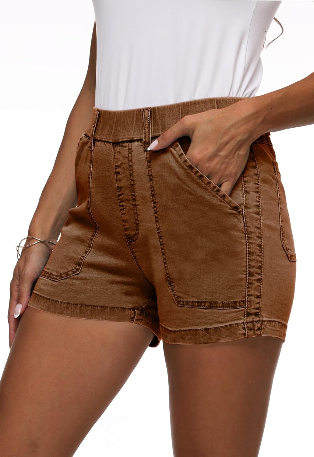 Womens Jean Shorts High Waisted Summer Cotton Elastic Waist Denim Shorts with Pockets