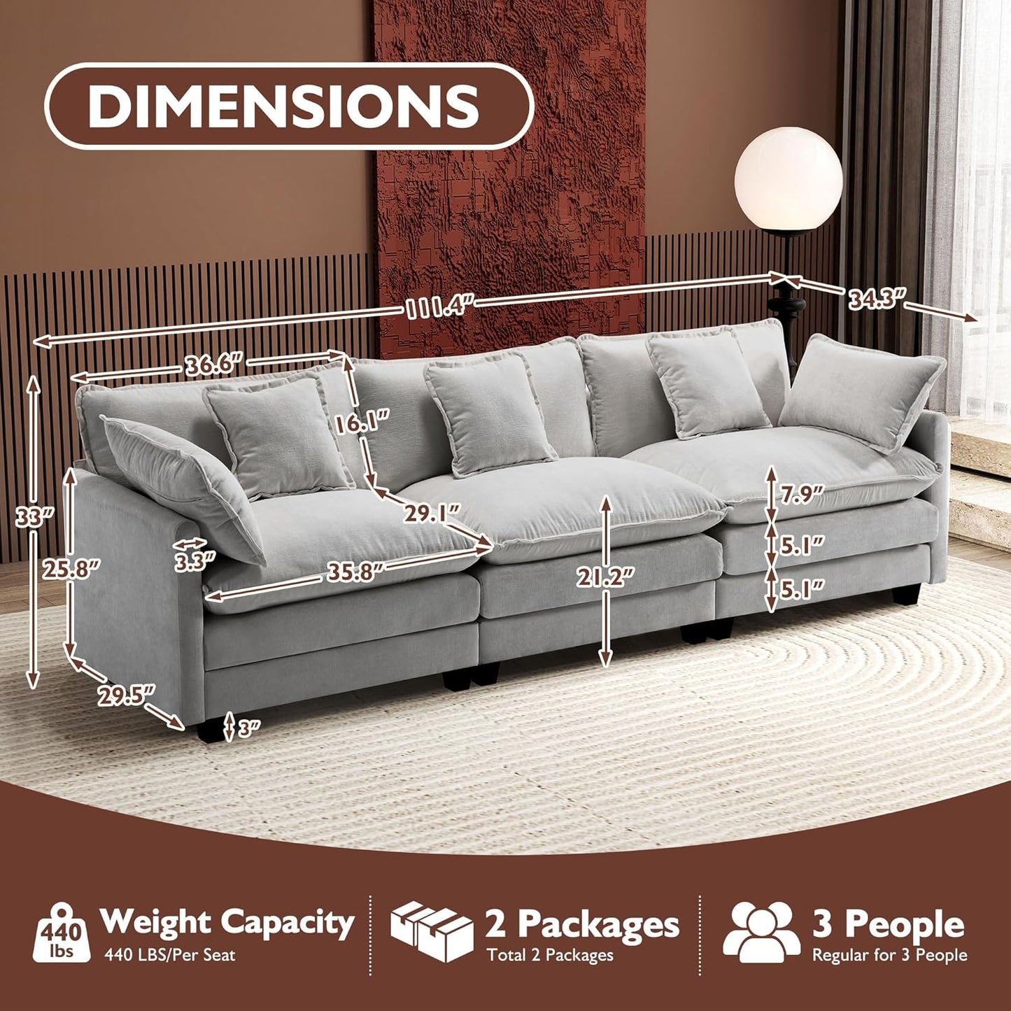 146" U-Shaped Modern Sofa Modular Sectional Cloud Couch