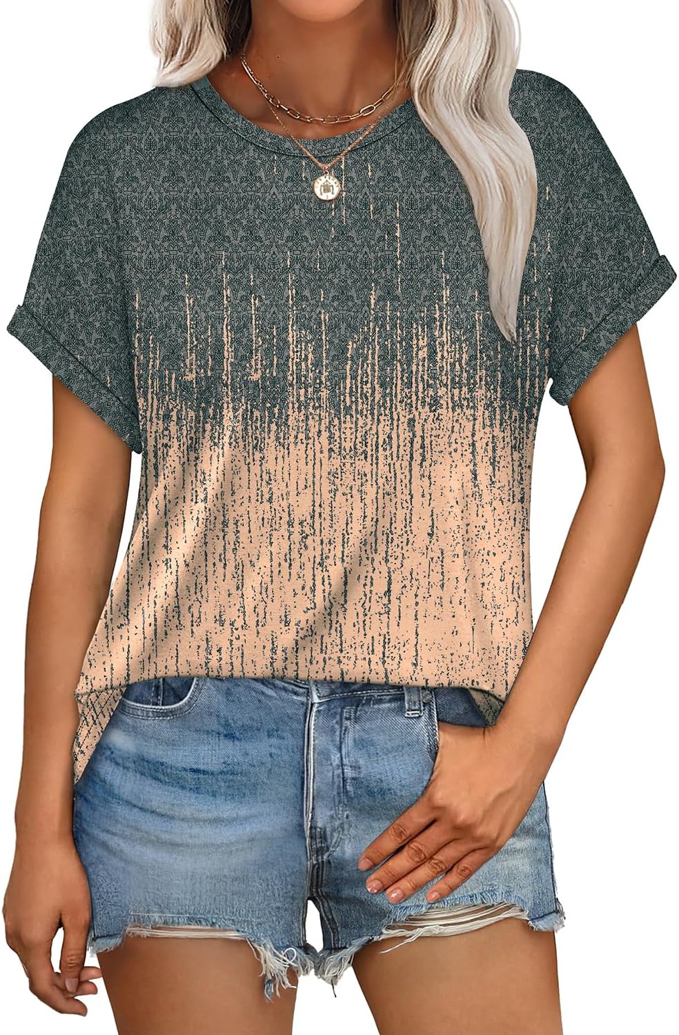 Womens T Shirts Crew Neck Rolled Short Sleeve Basic Summer Tees Curved Hem