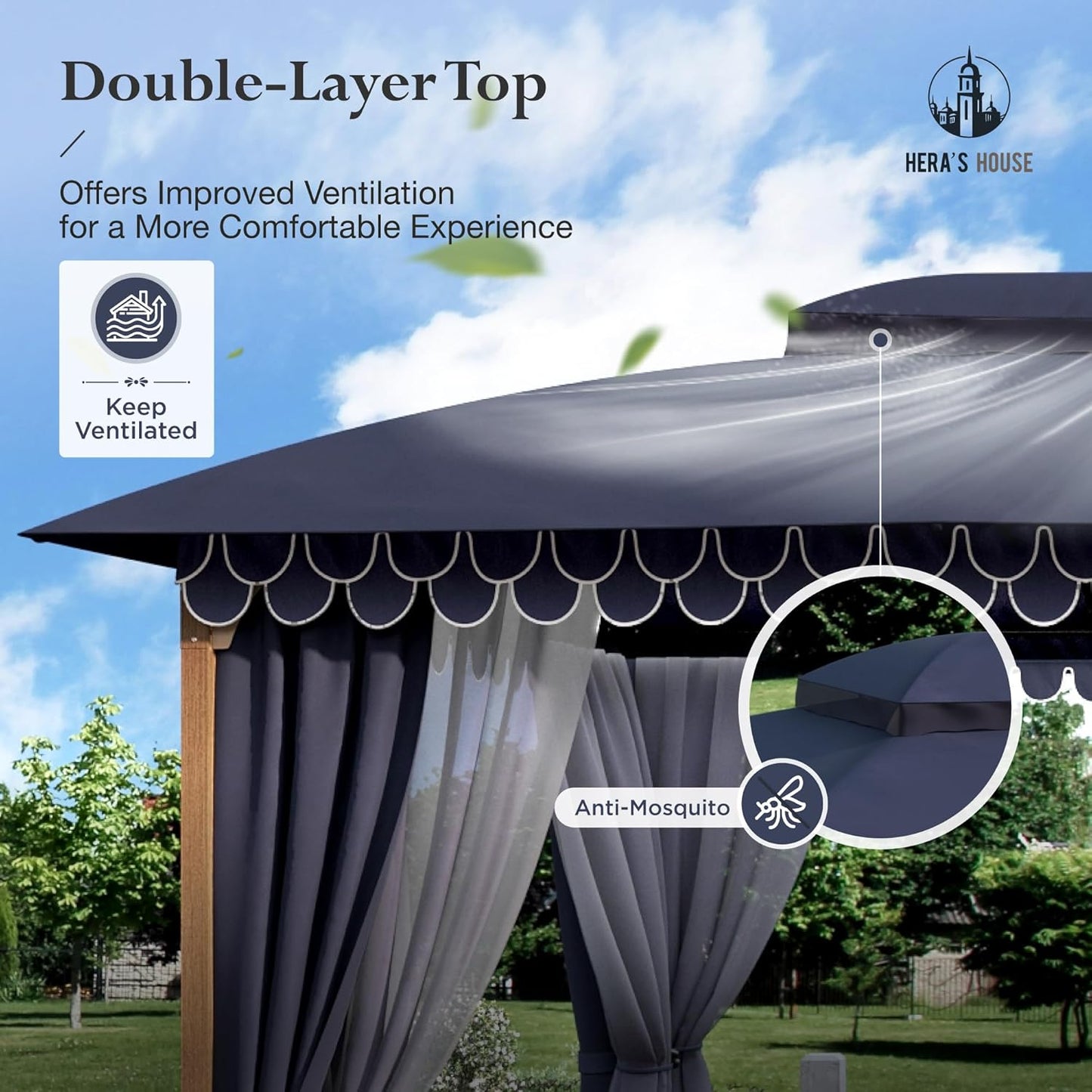10x13 Outdoor with Screened Double Roof Heavy-Duty Patio Canopy Tent Dark Blue