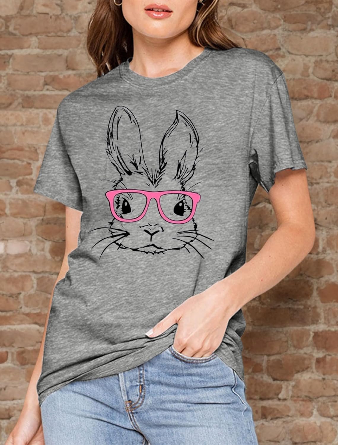 Funny Bunny Print T Shirt for Women Cute Grapic Leopard Shirts Family Blouse Gifts Easter Tops Tee