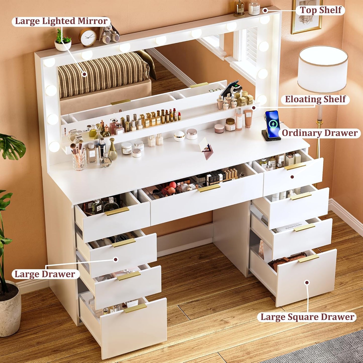 Vanity Desk with Mirror and Lights 39.3in Makeup Vanity with Large Mirror