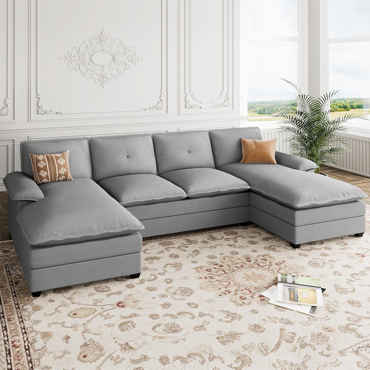 110 Inch U Shaped Sectional Sofa with Double Chaise Black