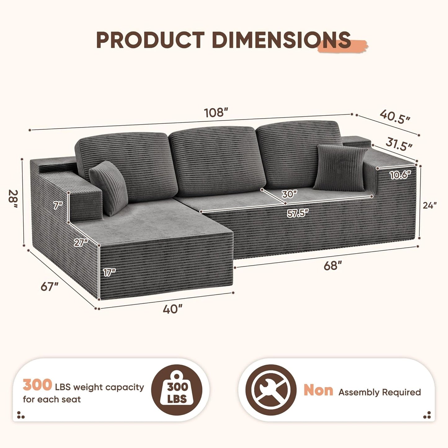 108" Modular Sectional Sofa Boneless Couch with L-Shape Chaise