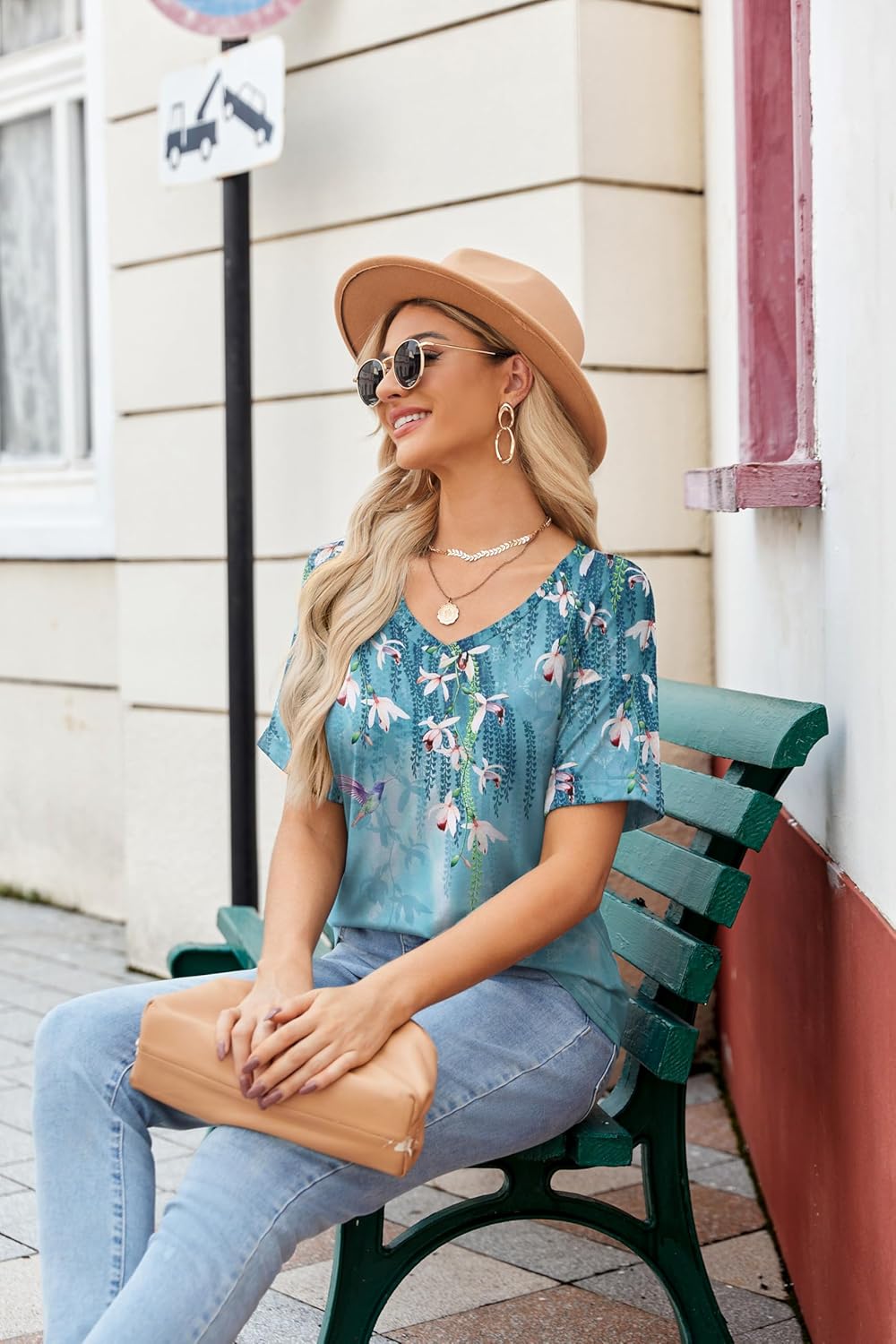 Short Sleeve Casual Shirts Floral Tee Basics V Neck Plain T-shirt