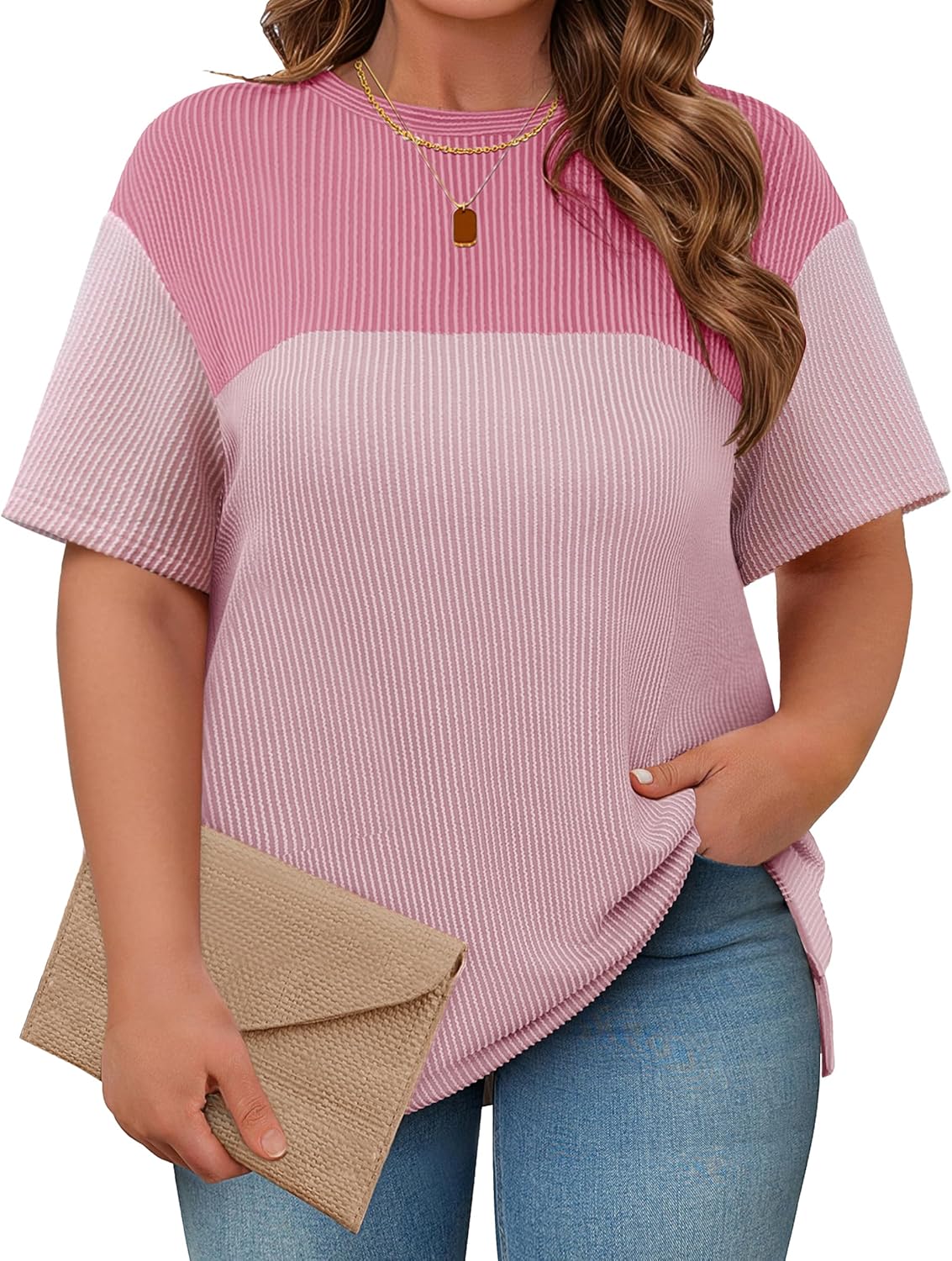 Womens Plus Size Short Sleeve Color Block Pullover Tunic Tops