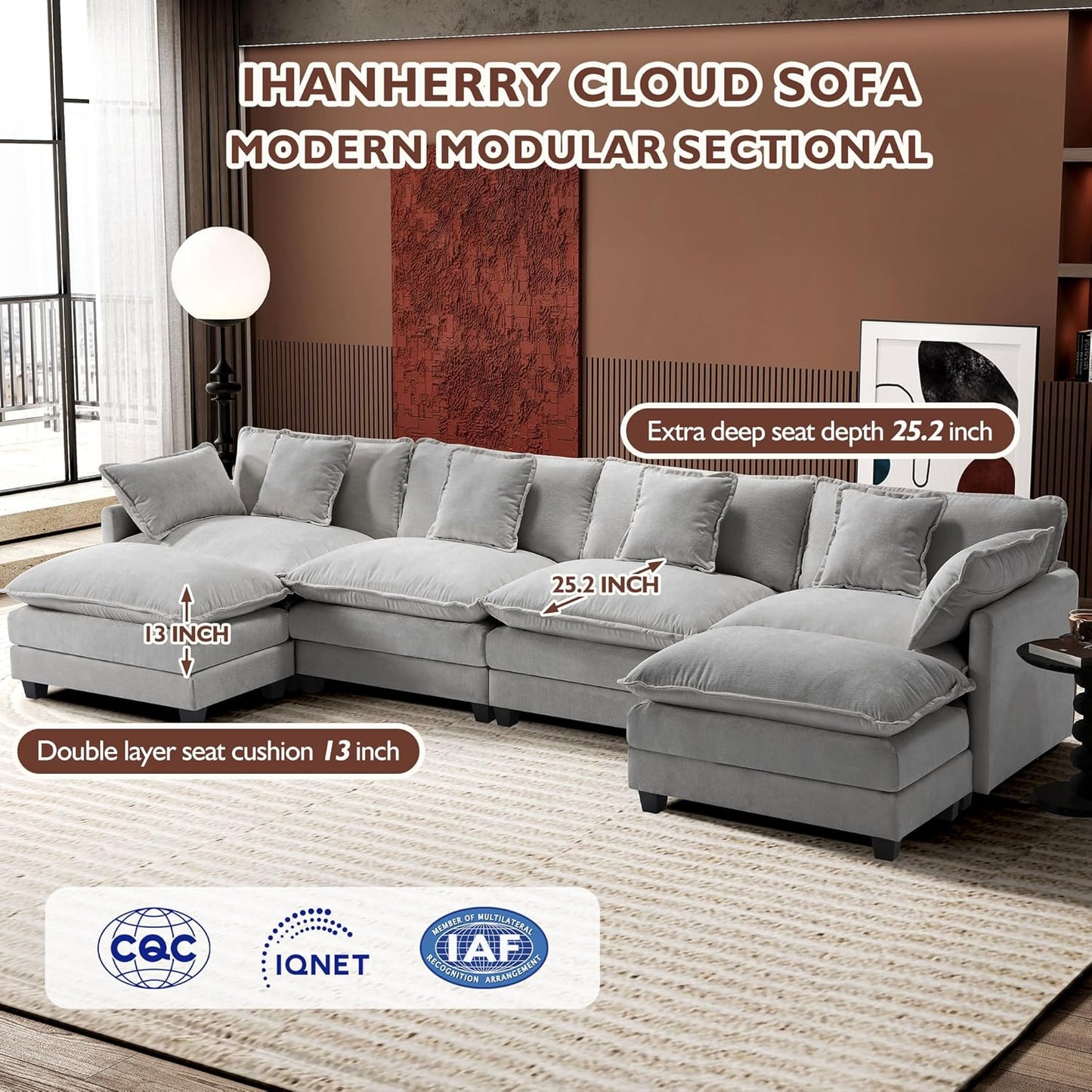 146" U-Shaped Modern Sofa Modular Sectional Cloud Couch