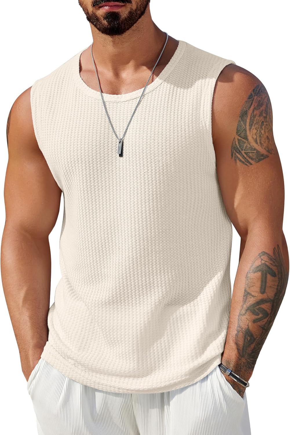 Mens Casual Tank Tops Waffle Knit Sleeveless Shirt Breathable Tank Shirts