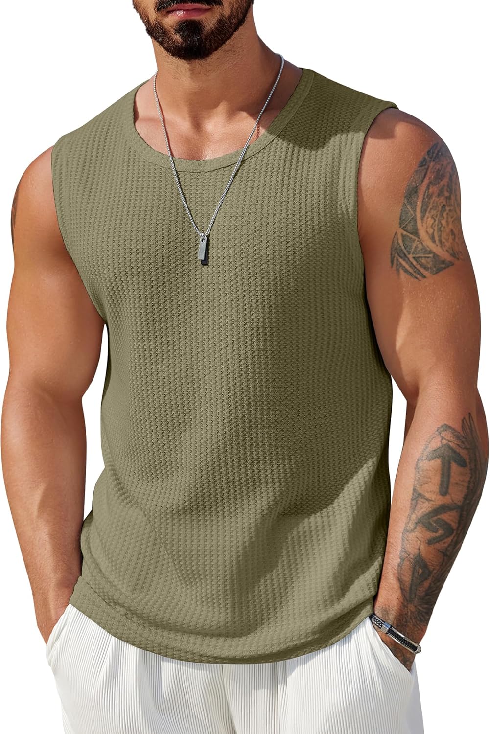 Mens Casual Tank Tops Waffle Knit Sleeveless Shirt Breathable Tank Shirts