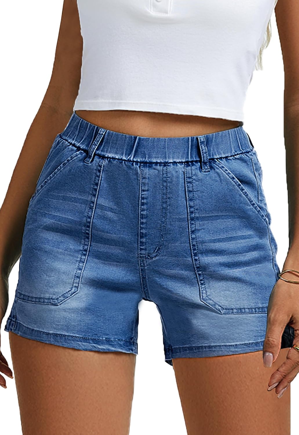 Womens Jean Shorts High Waisted Summer Cotton Elastic Waist Denim Shorts with Pockets