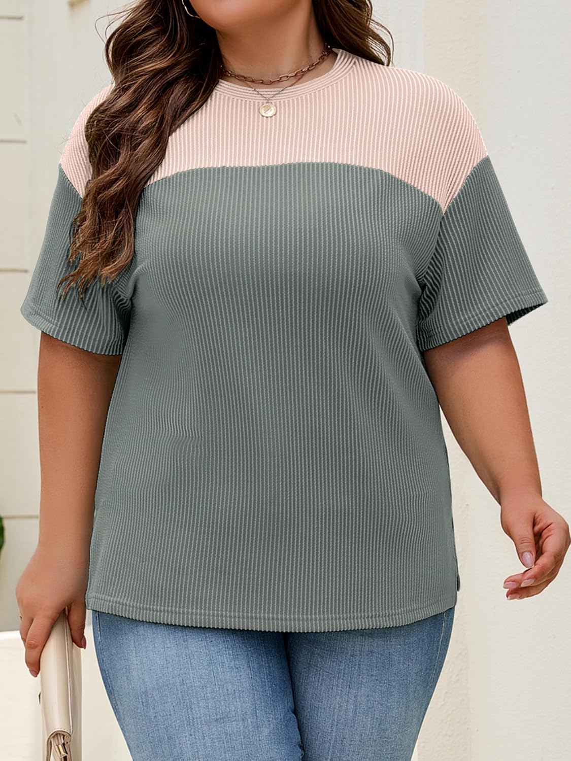Womens Plus Size Short Sleeve Color Block Pullover Tunic Tops