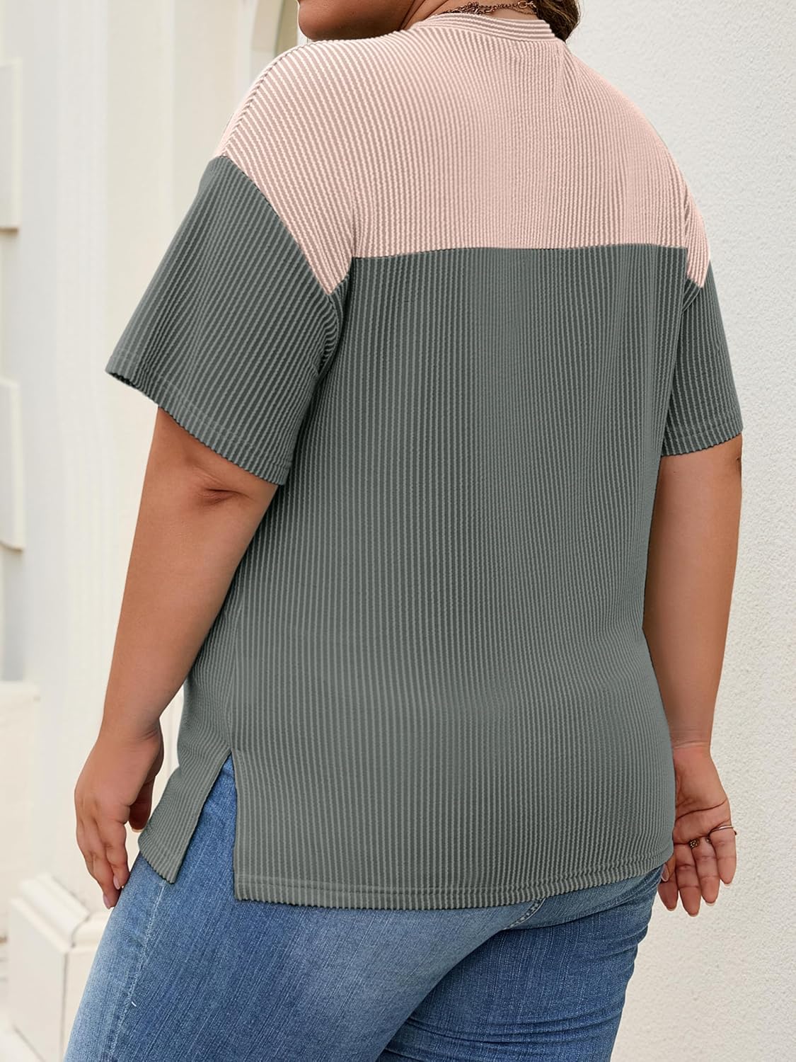 Womens Plus Size Short Sleeve Color Block Pullover Tunic Tops