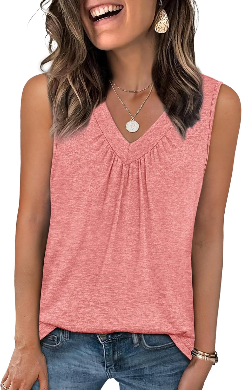 Womens V Neck Tank Top Loose Fit Sleeveless Summer Shirt Ruched Tees and Tanks with Curved Hem