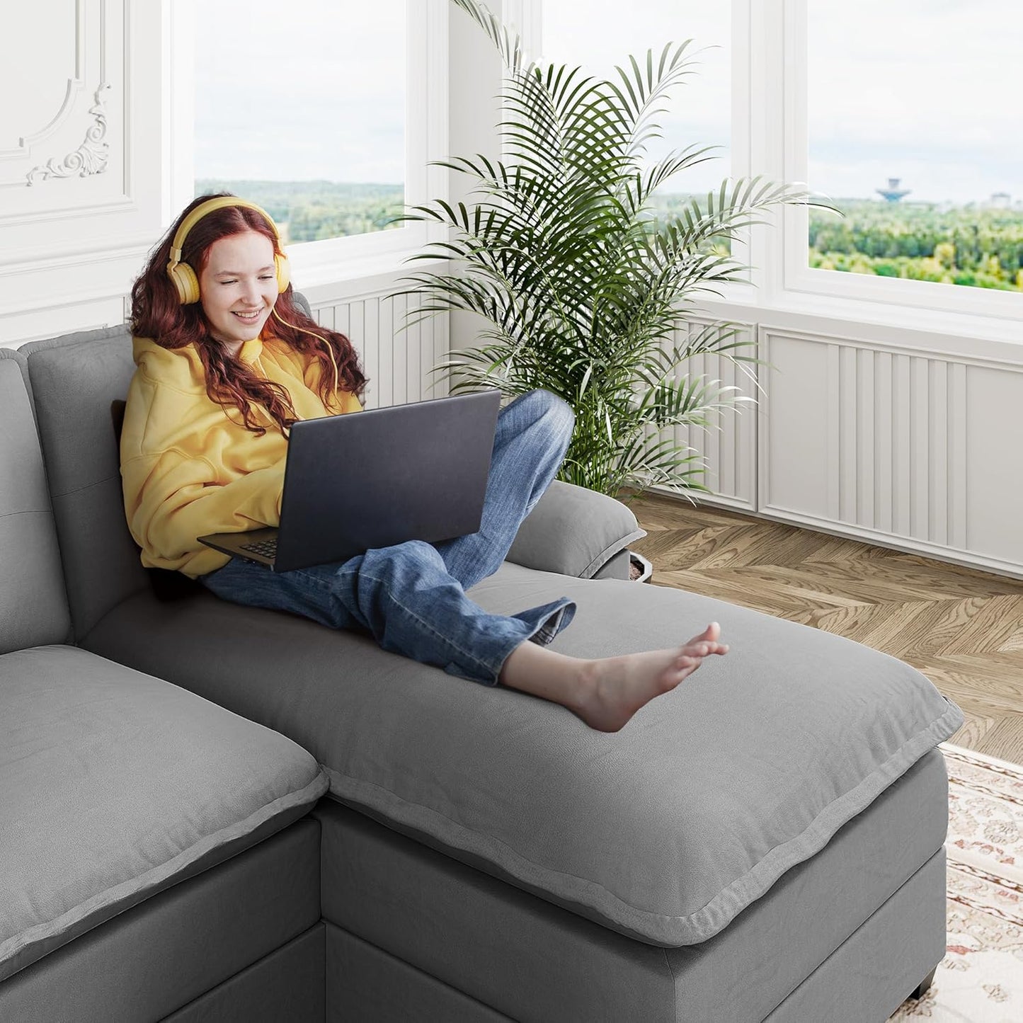 110 Inch U Shaped Sectional Sofa with Double Chaise Black