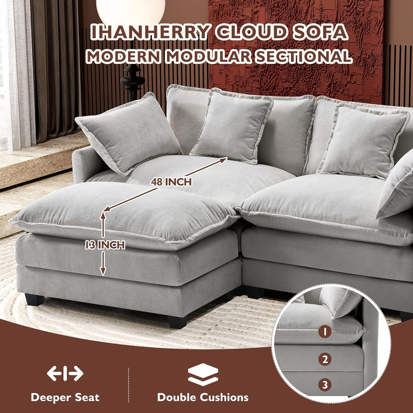 146" U-Shaped Modern Sofa Modular Sectional Cloud Couch