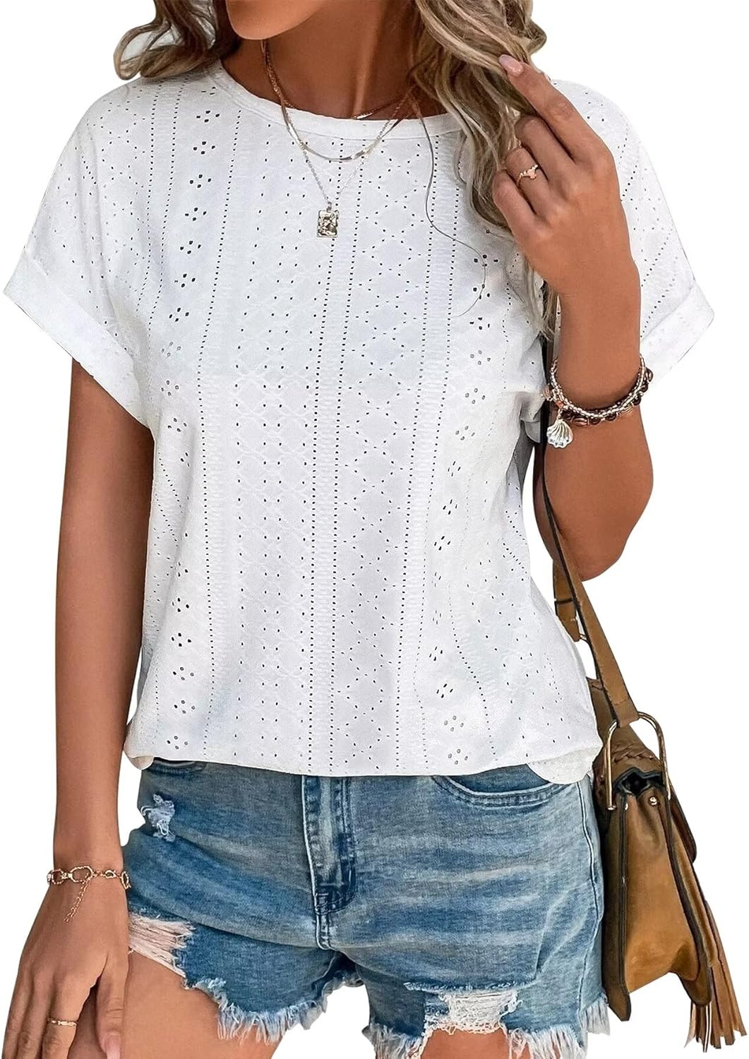 Womens Tops Eyelet Embroidery Summer Spring Curved Hem Short Sleeve Trendy T Shirts
