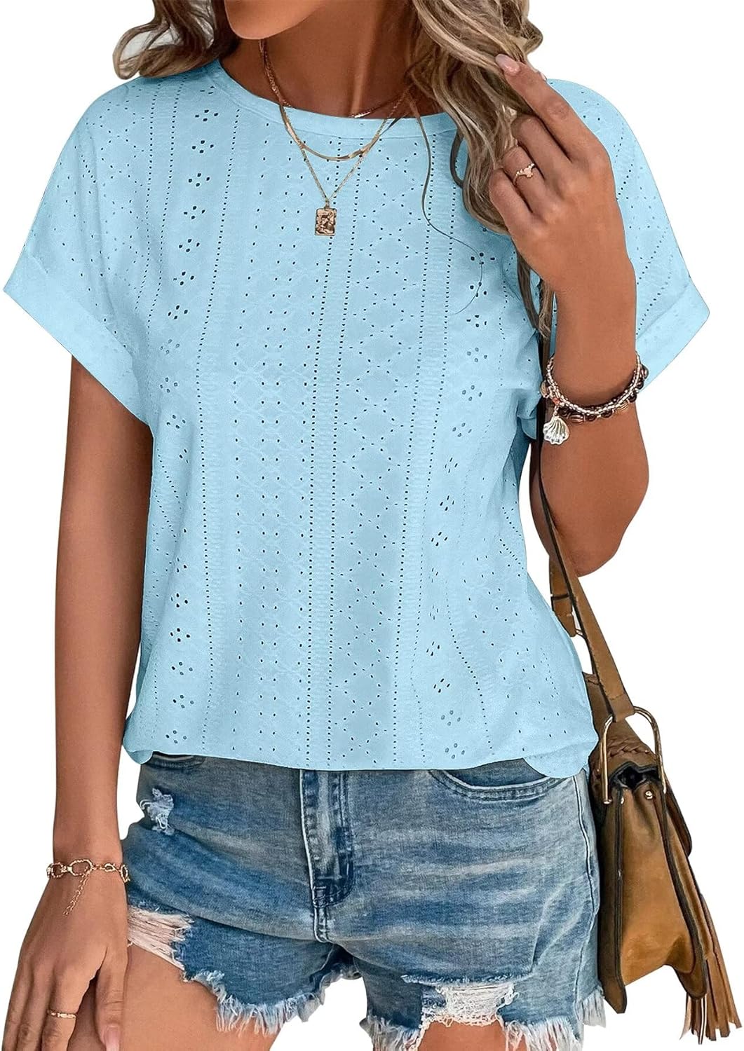 Womens Tops Eyelet Embroidery Summer Spring Curved Hem Short Sleeve Trendy T Shirts