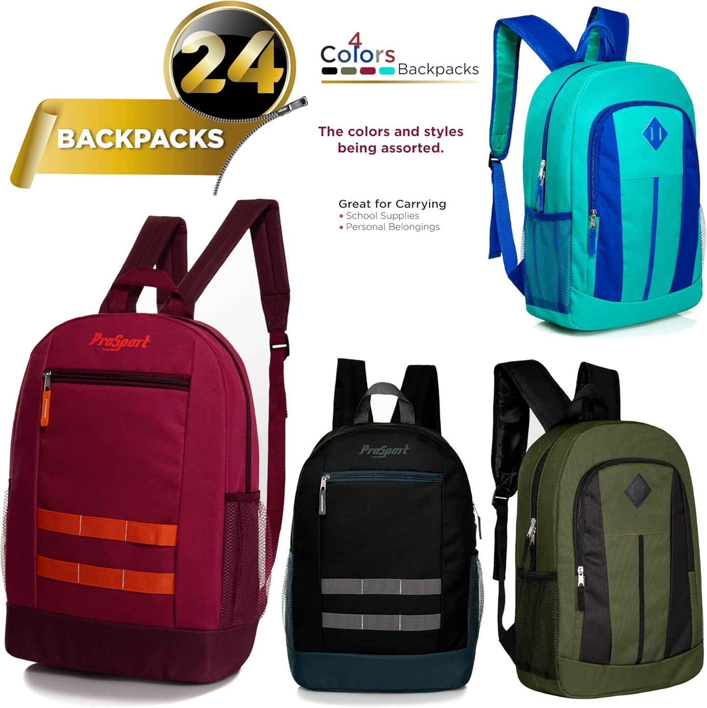 24 Pack 17 Inch Kids Backpacks in 20 Assorted Colors and Prints