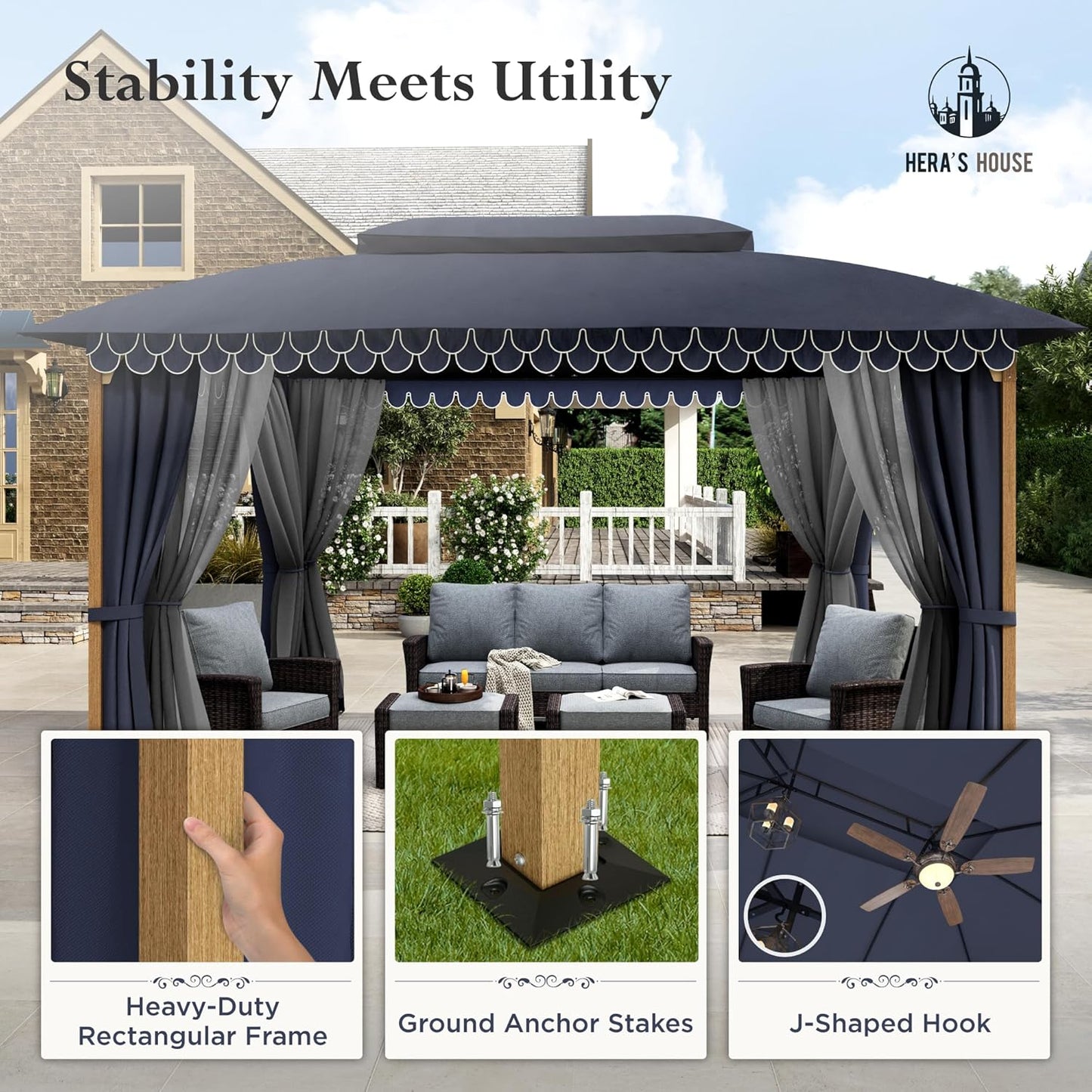 10x13 Outdoor with Screened Double Roof Heavy-Duty Patio Canopy Tent Dark Blue