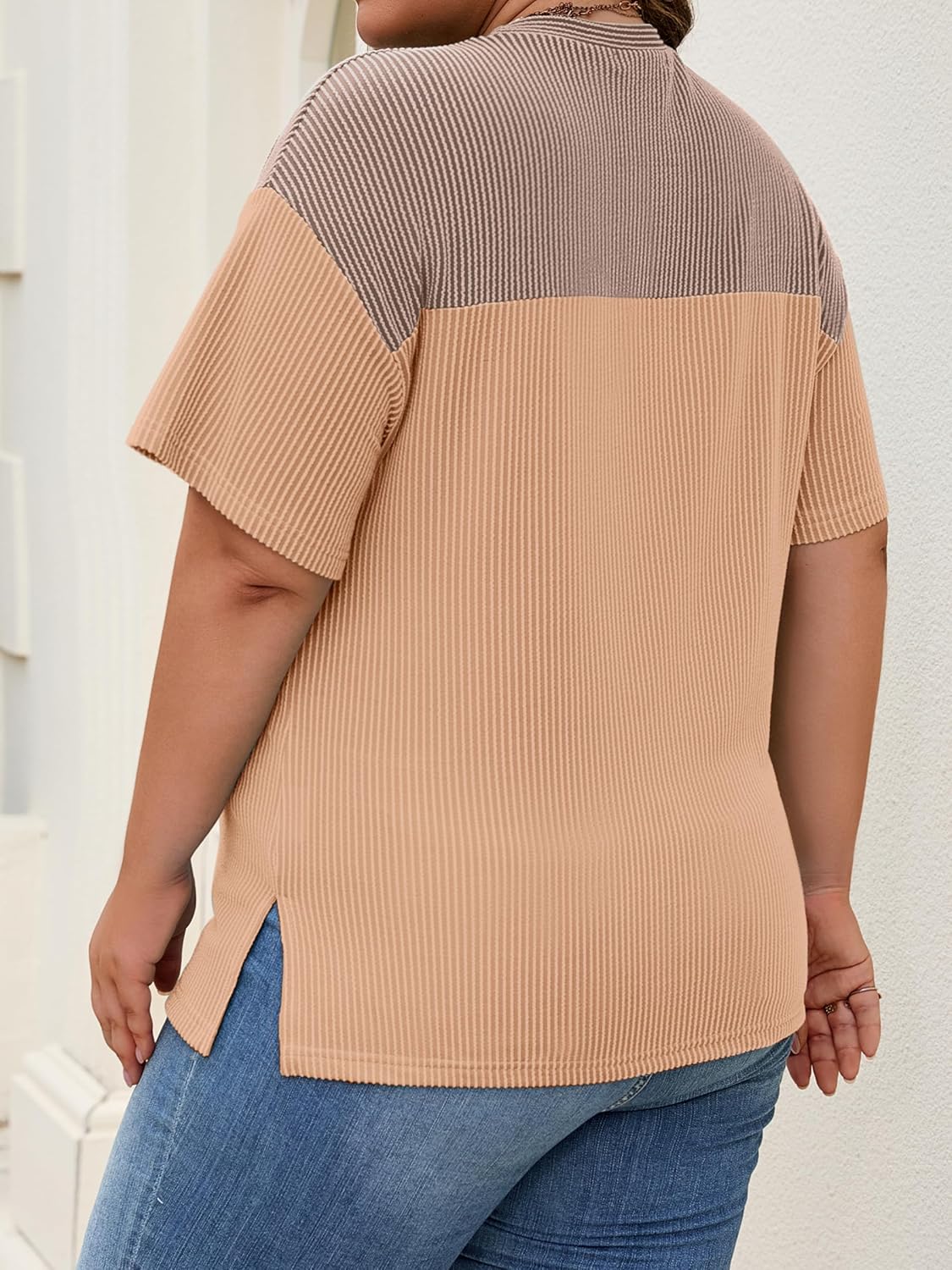 Womens Plus Size Short Sleeve Color Block Pullover Tunic Tops