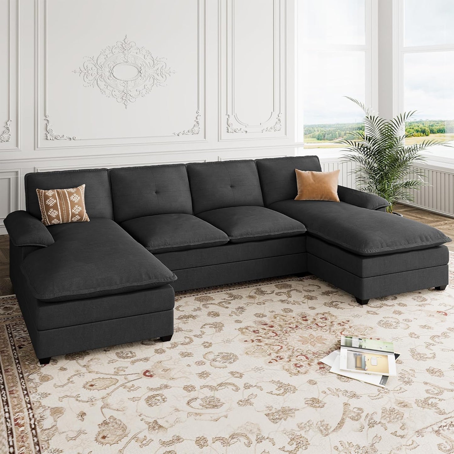 110 Inch U Shaped Sectional Sofa with Double Chaise Black
