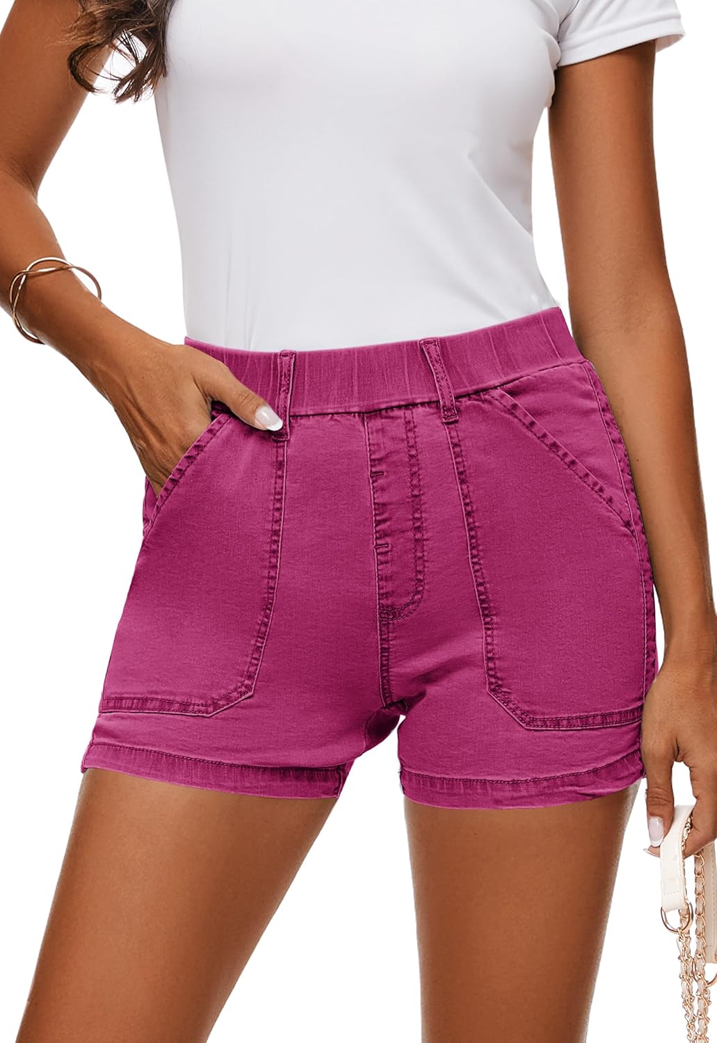 Womens Jean Shorts High Waisted Summer Cotton Elastic Waist Denim Shorts with Pockets