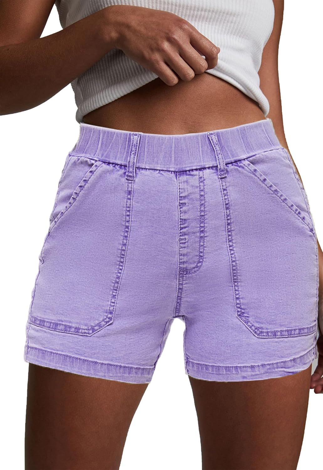 Womens Jean Shorts High Waisted Summer Cotton Elastic Waist Denim Shorts with Pockets