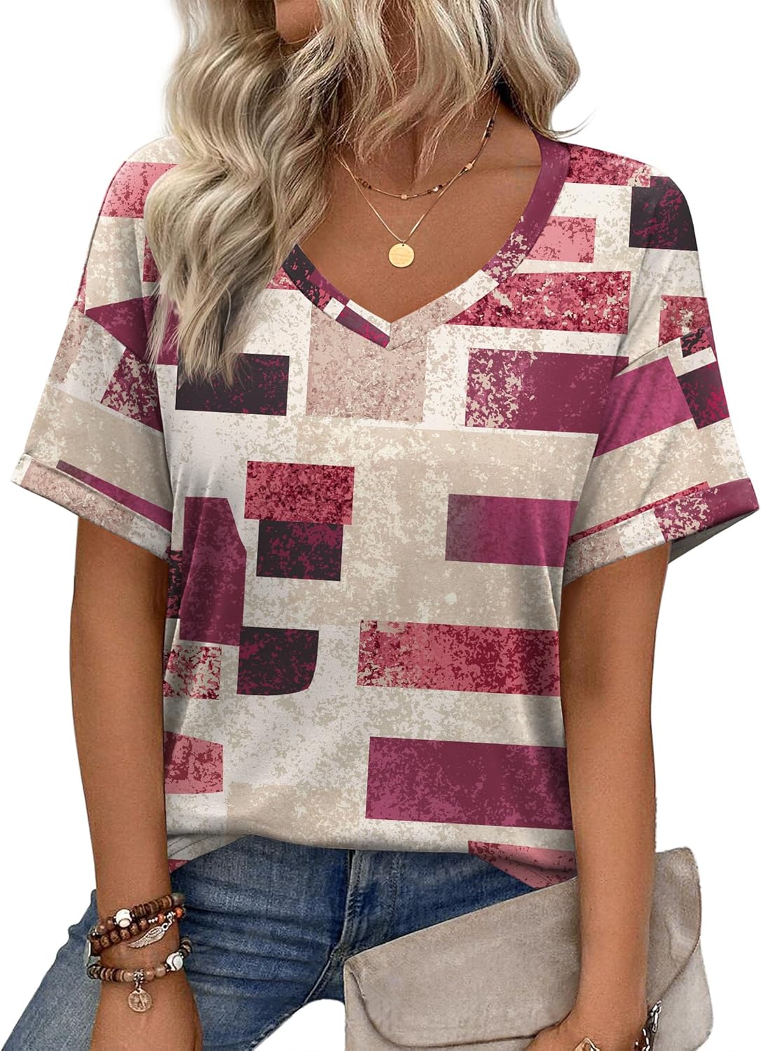 Short Sleeve Casual Shirts Floral Tee Basics V Neck Plain T-shirt