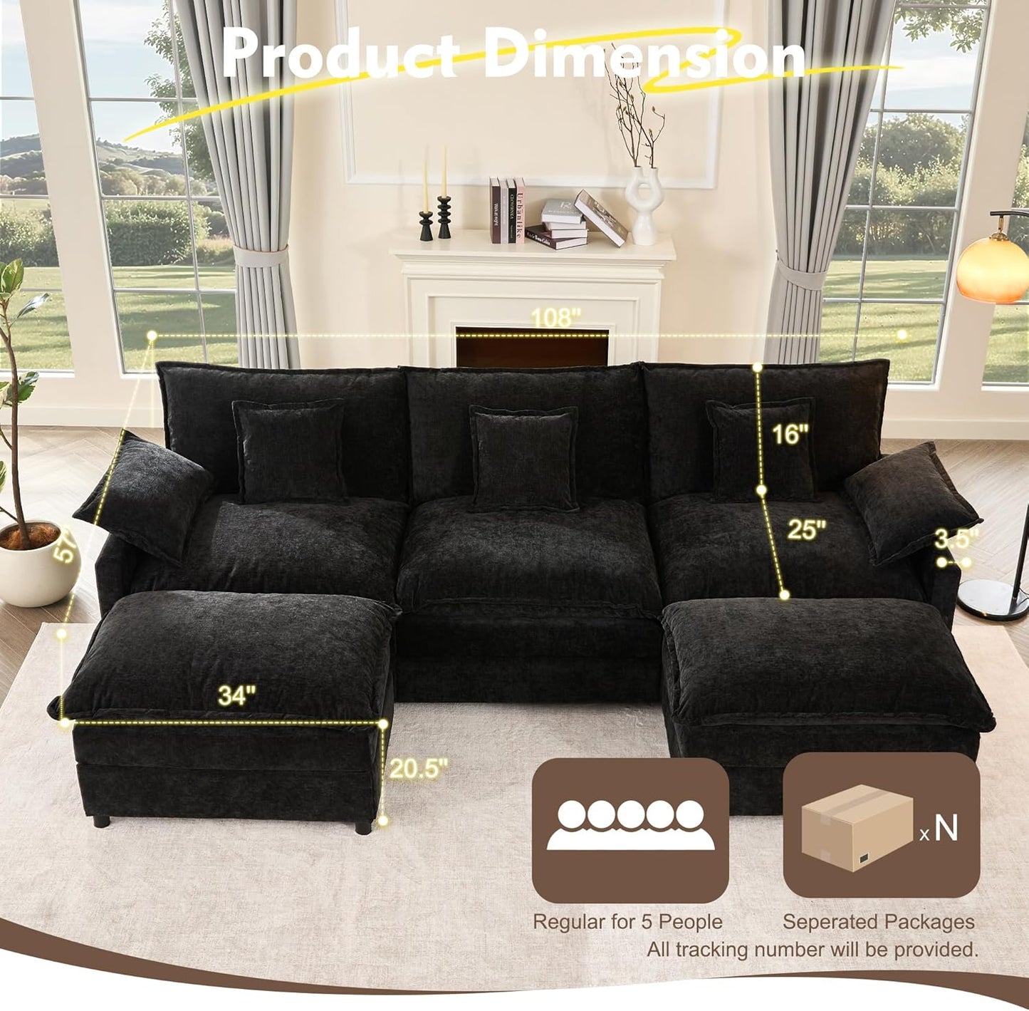 108" U Shaped Couch Modular Sectional Sofa