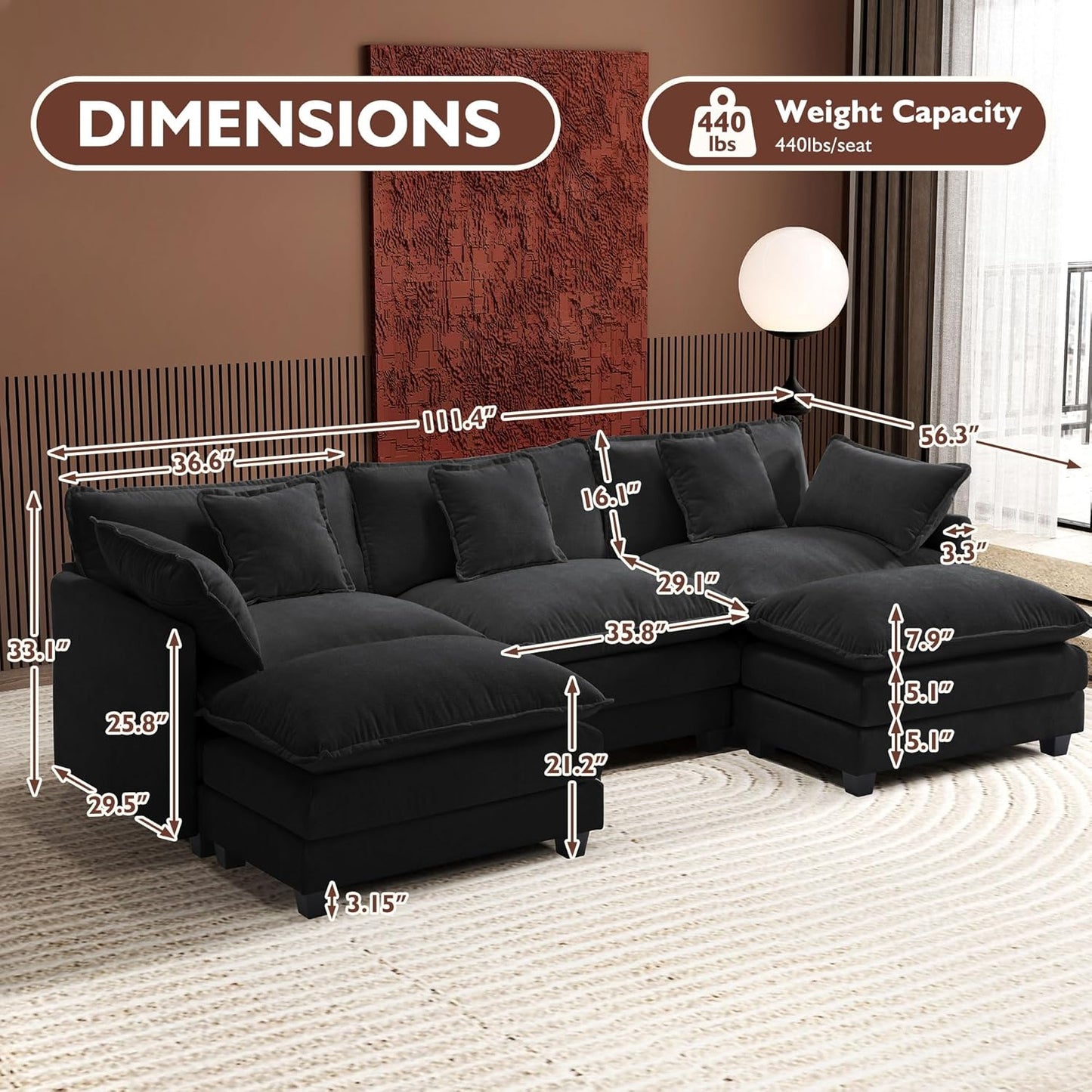 146" U-Shaped Modern Sofa Modular Sectional Cloud Couch