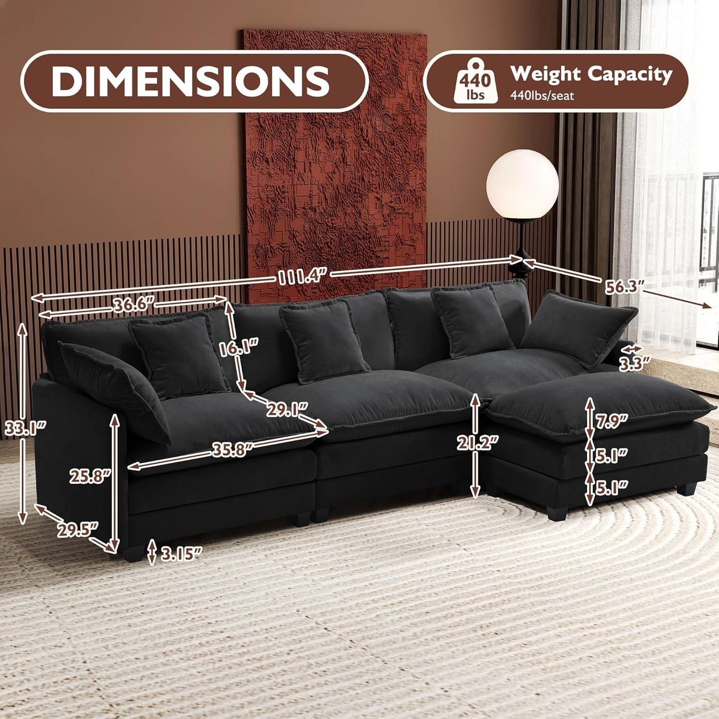 146" U-Shaped Modern Sofa Modular Sectional Cloud Couch