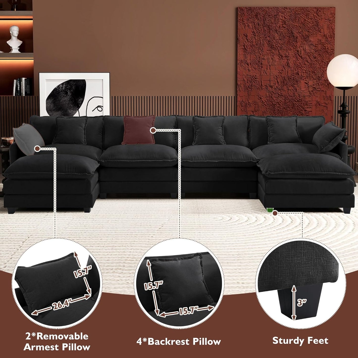 146" U-Shaped Modern Sofa Modular Sectional Cloud Couch