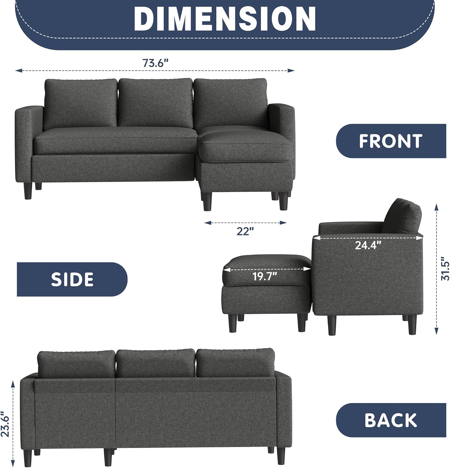 110 Inch U Shaped Sectional Sofa with Double Chaise Black
