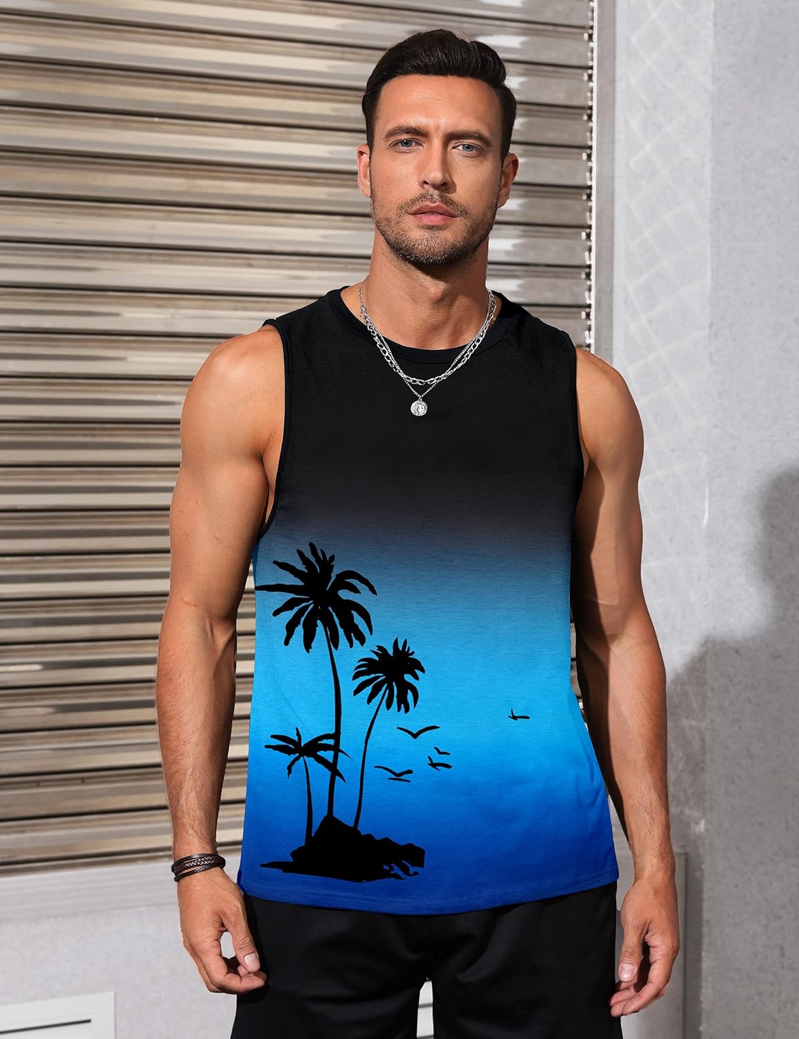 Mens Tank Tops Beach Summer Sleeveless Shirts Graphic Palm Tree Vacation